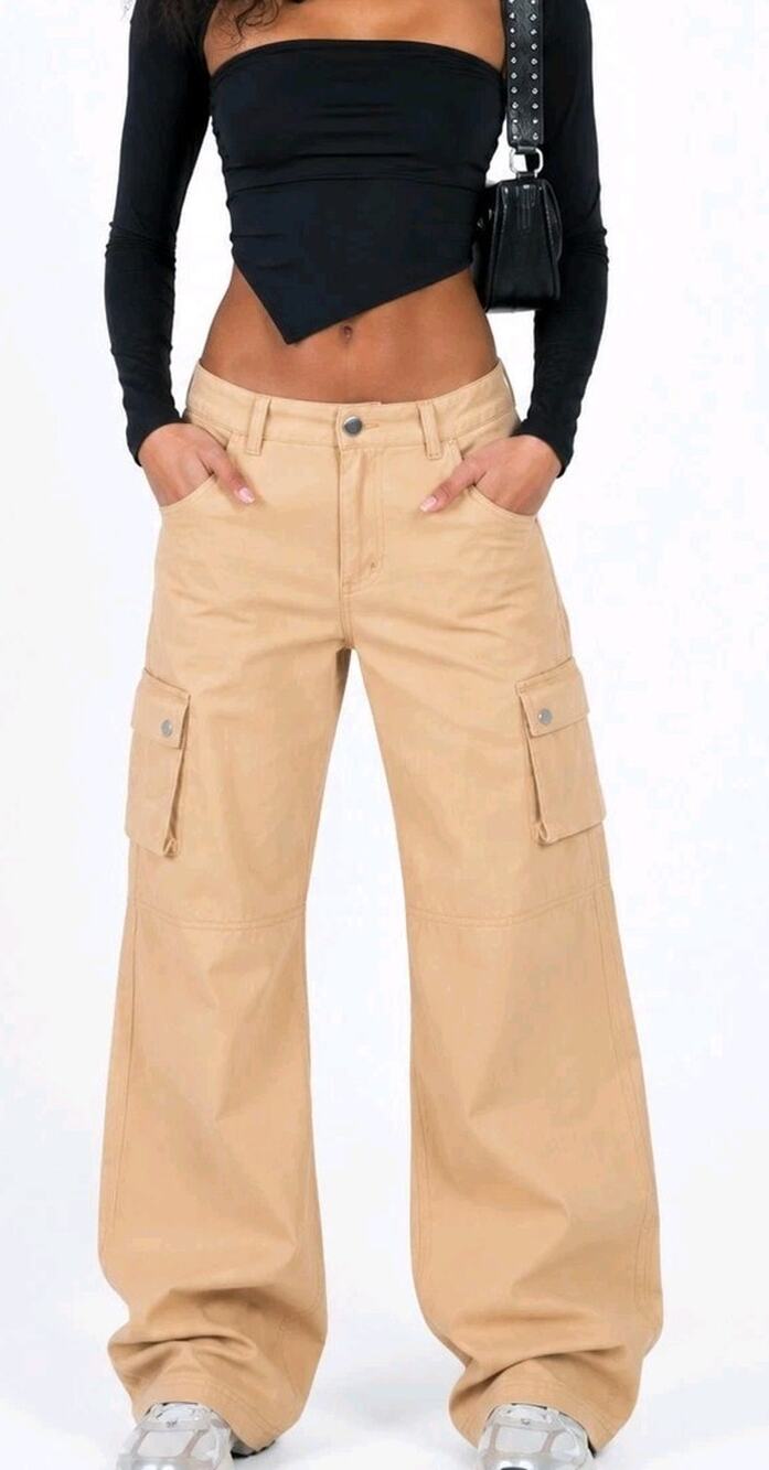 Princess Polly Paige Mid Rise Wide Leg Cargo Jeans Tan Women 10 Y2k Baggy